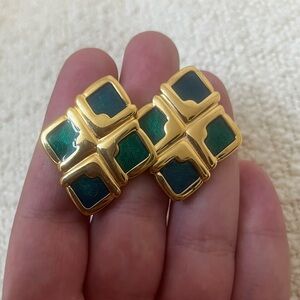 Vintage Monet Clip On Earrings Enameled Green with Gold-Tone Accent